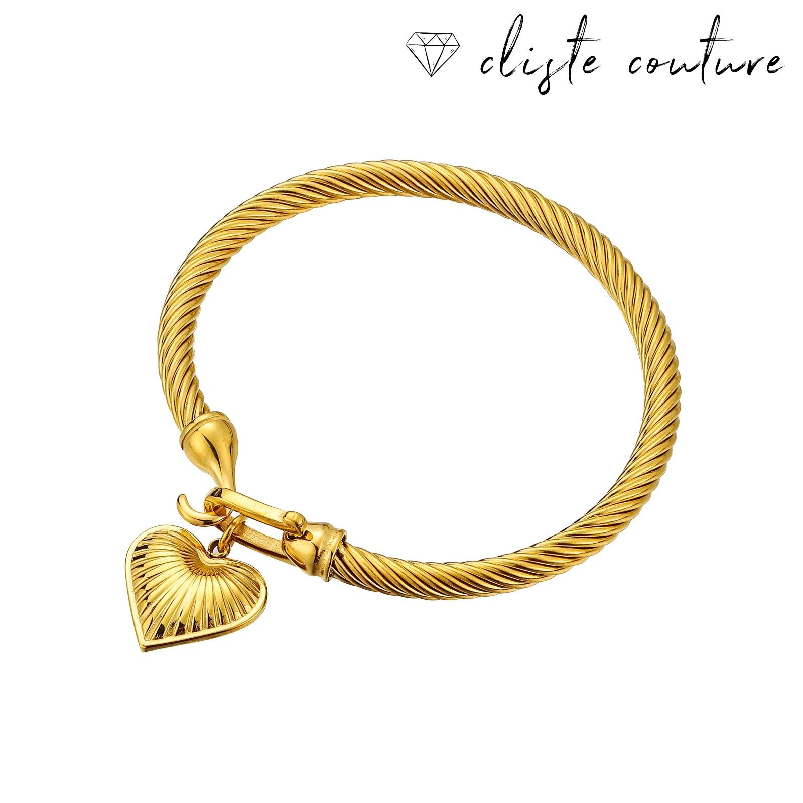 An 18k gold plated bracelet with a twisted band and a heart-shaped charm, featuring an open clasp.