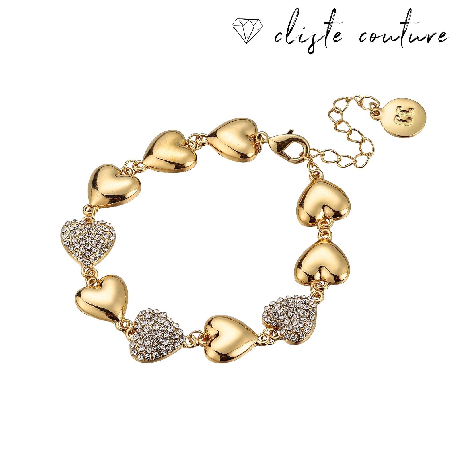 A gold-plated forever heart bracelet featuring a series of heart-shaped charms, with two of the hearts adorned with sparkling embellishments.