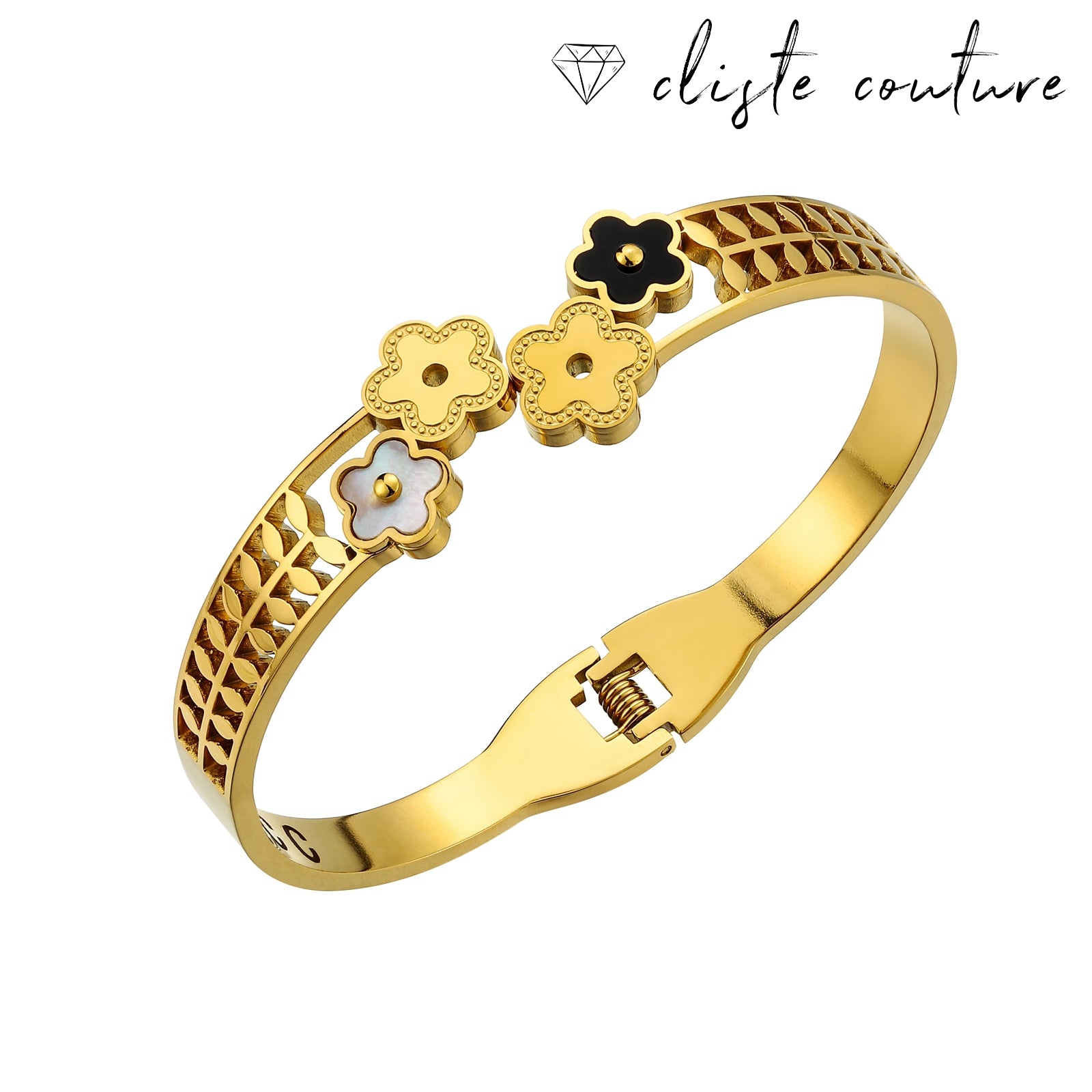 An 18k gold plated stainless steel gleam clover bangle with a floral design, featuring black and gold clover shapes on a gold bracelet.