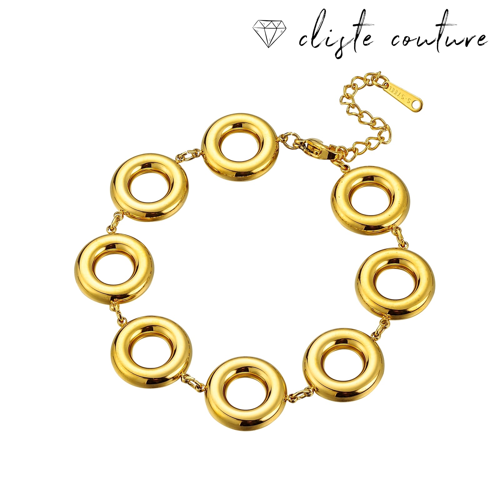 A gold-colored cady bracelet with linked circles and a chain closure, displayed against a white background.