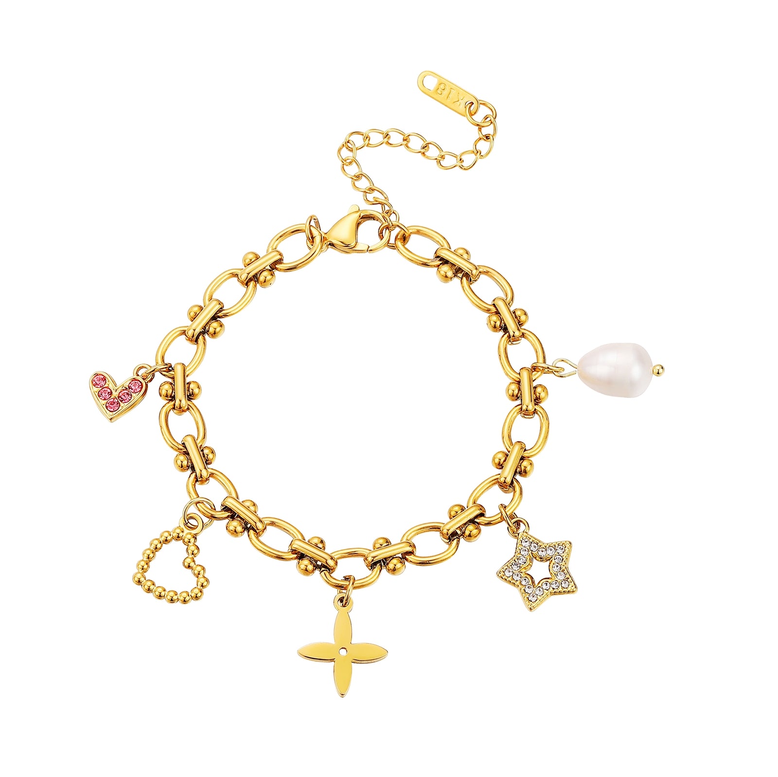 Gold trinity zircon charm bracelet with various charms on a white background