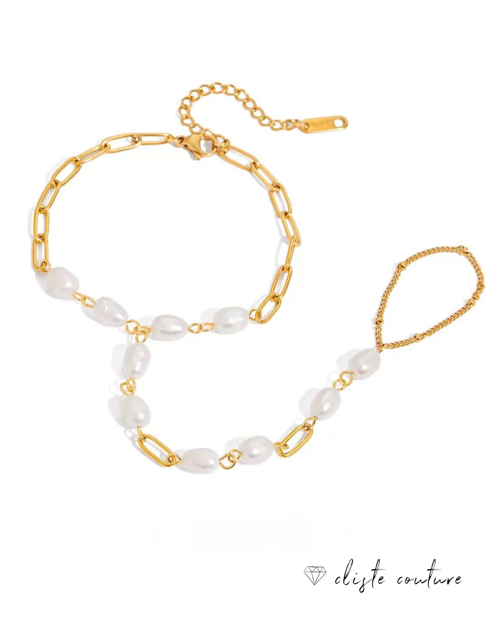 Gold chain bracelet with pearl beads on a white background, featuring the brand 'eliste couture'.