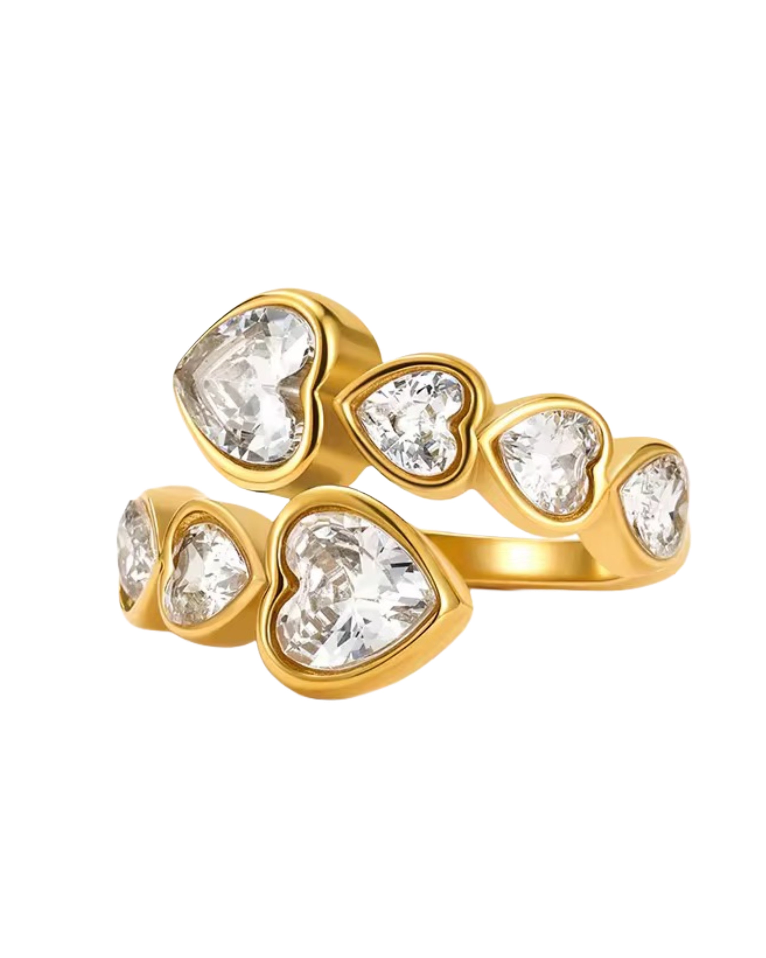 Gold zara heart ring with heart-shaped gemstones on a white background