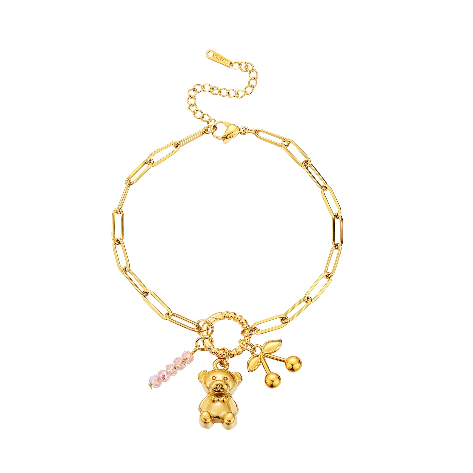Golden paw bracelet with a teddy bear charm on a white background