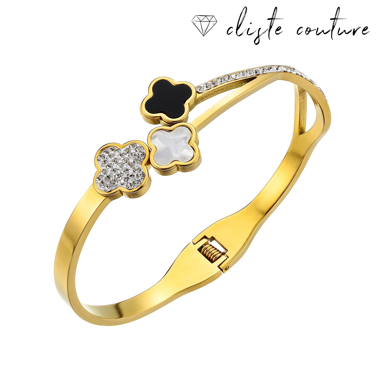 A gold-plated kylie clover bangle bracelet with a clover design, featuring black, gold, and white colors, and adorned with cubic zirconia.