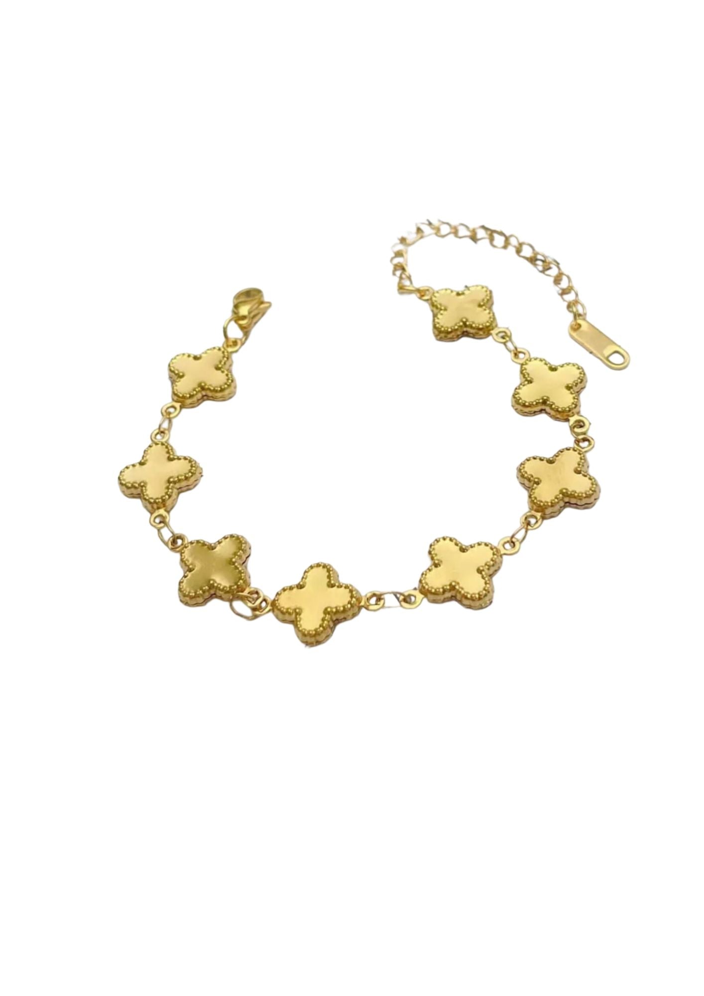 An 18k gold plated louise bracelet with clover shaped charms linked together, displayed against a white background.