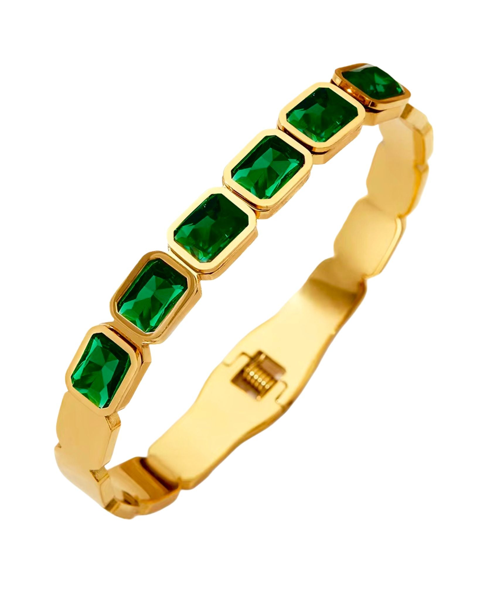 An 18k gold plated stainless steel peridot bangle & bracelet with green square-shaped stones set along its length.