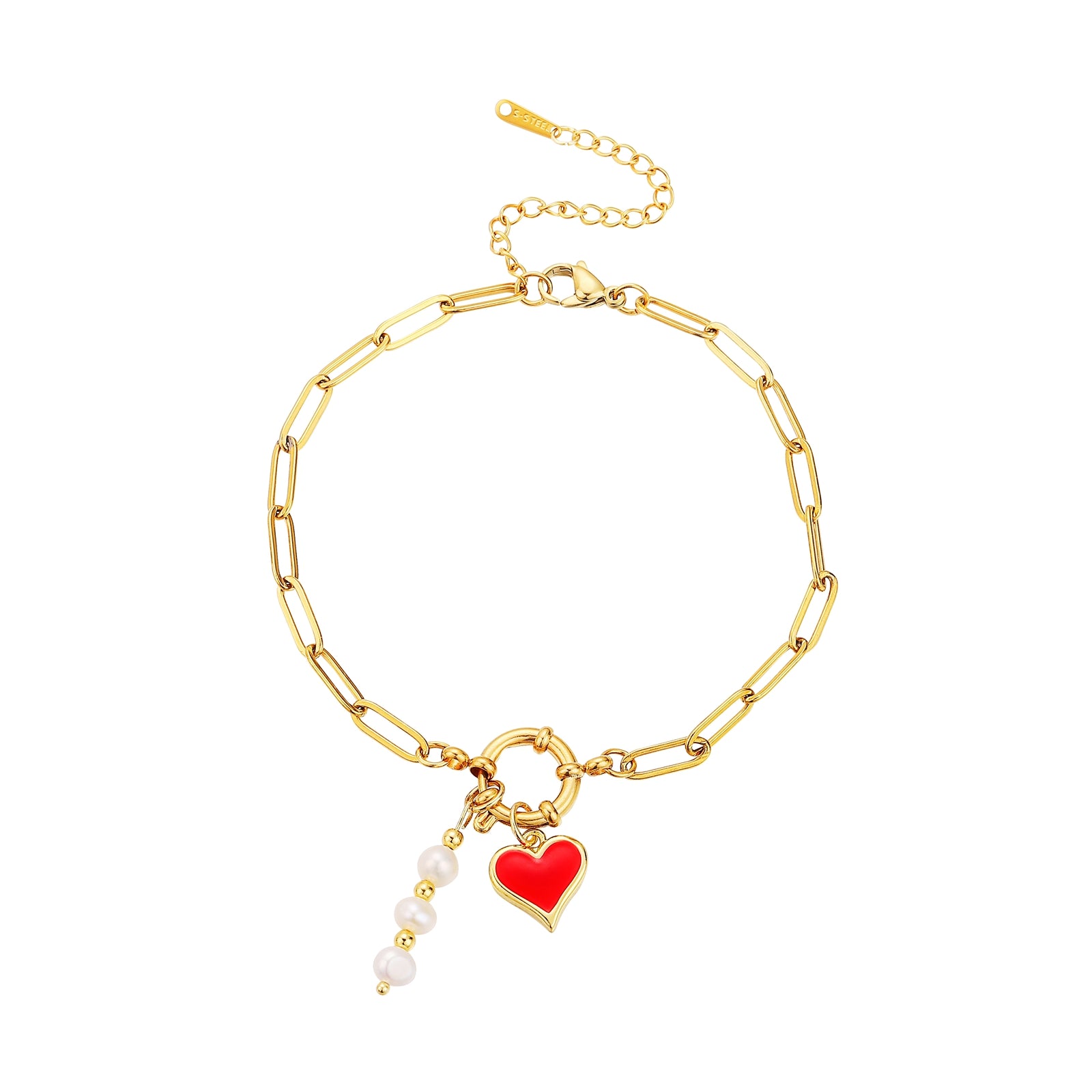 Gold bracelet with a red heart charm and pearl beads on a white background