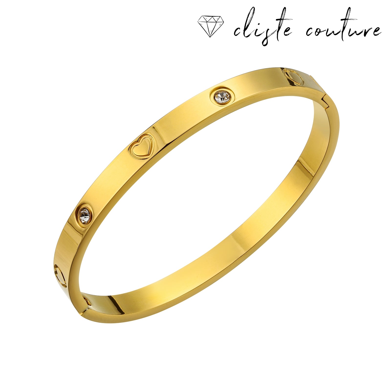 A gold-colored sparkle love bangle bracelet with sparkling embellishments, displayed against a white background.