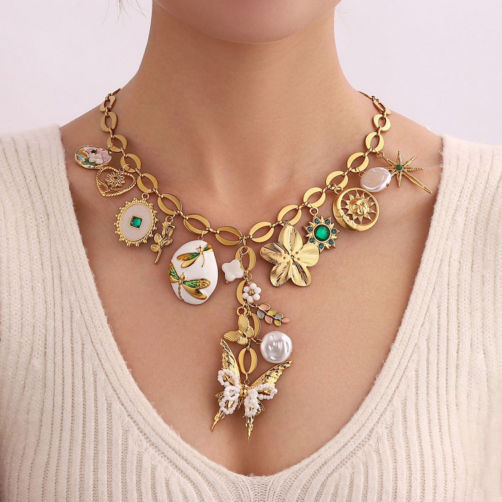 HANDMADE WHITE WINGS MULTI CHARM NECKLACE