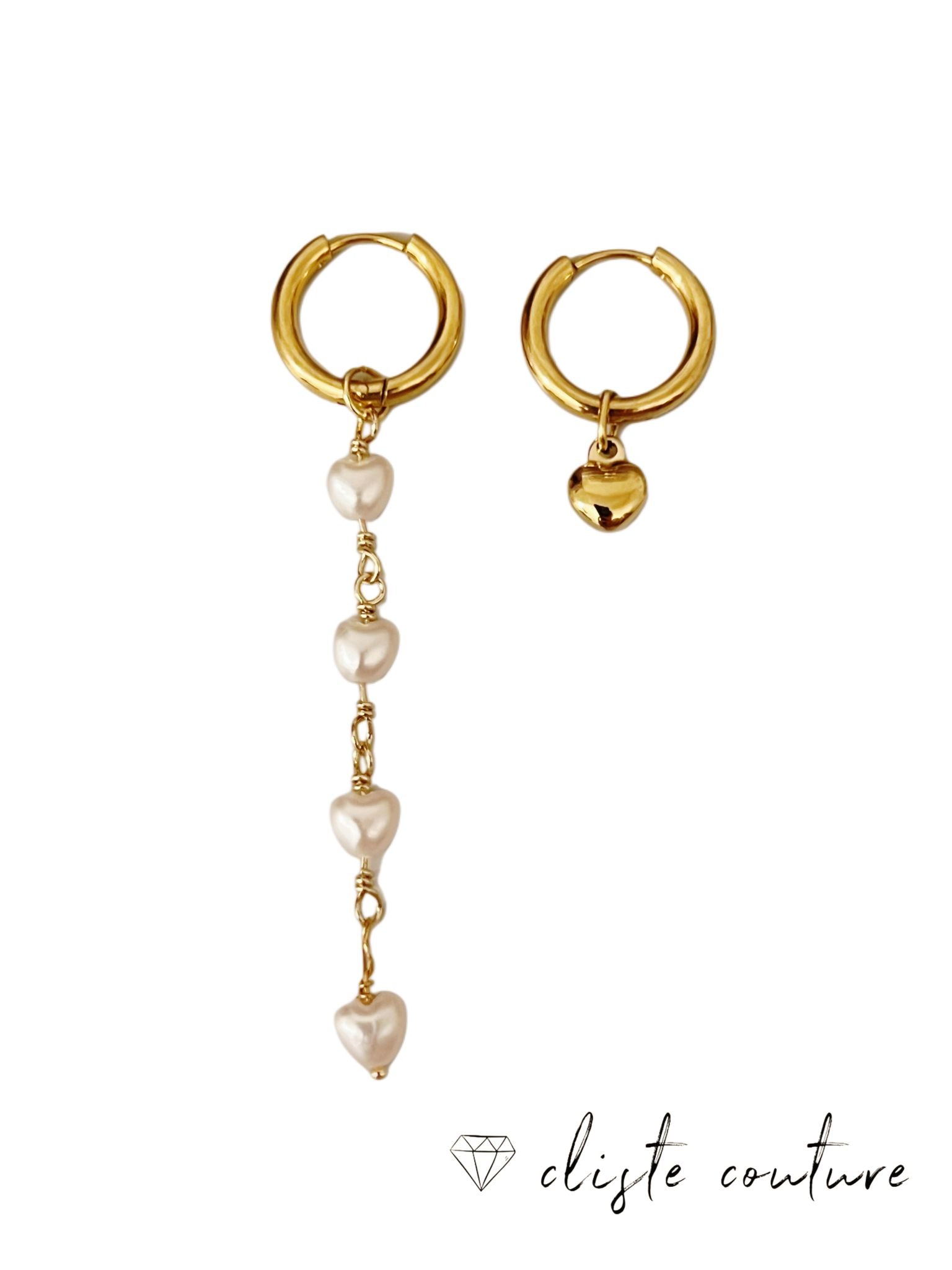 LONG HEART PEARL AND GOLD HEART EAR PARTY HOOPS