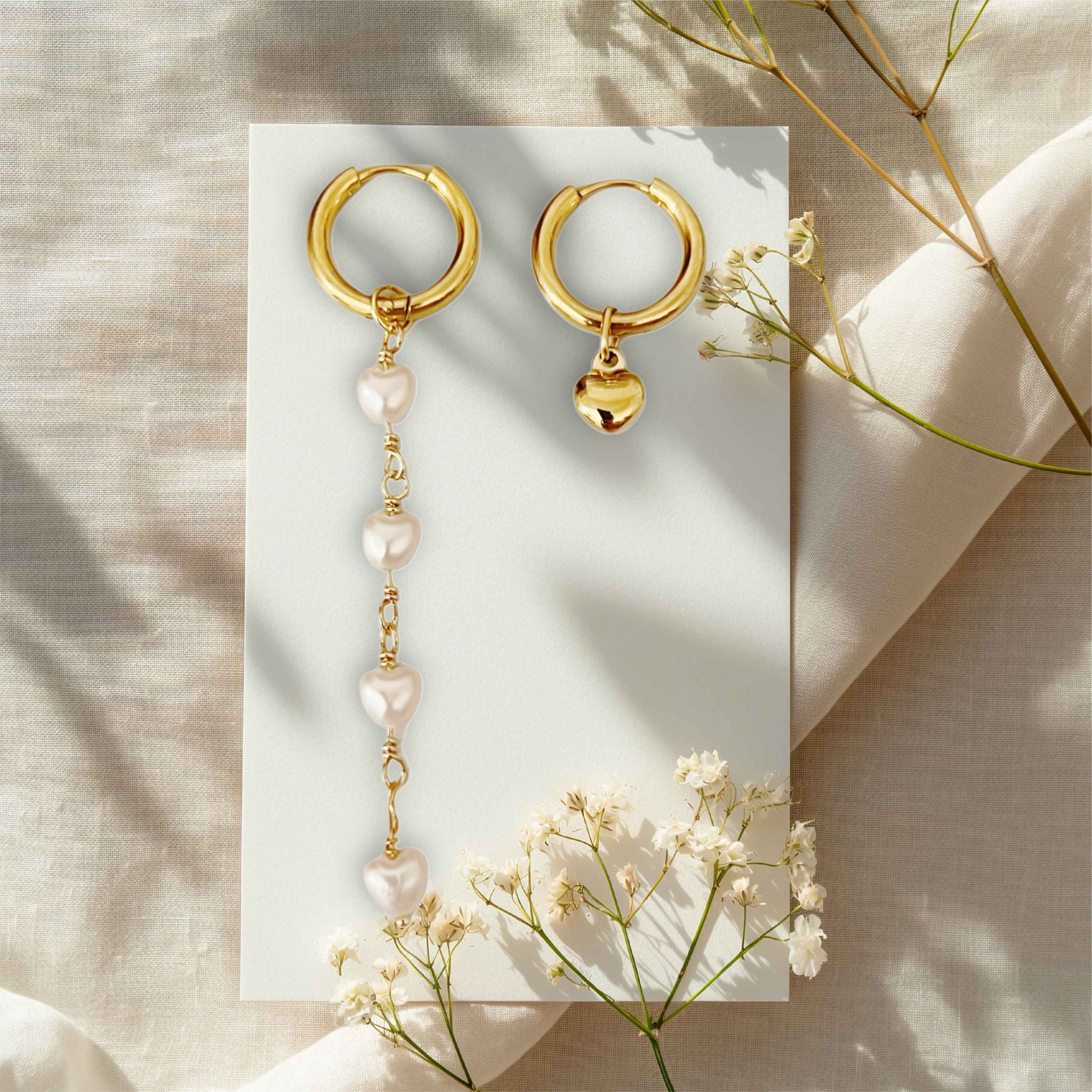 LONG HEART PEARL AND GOLD HEART EAR PARTY HOOPS