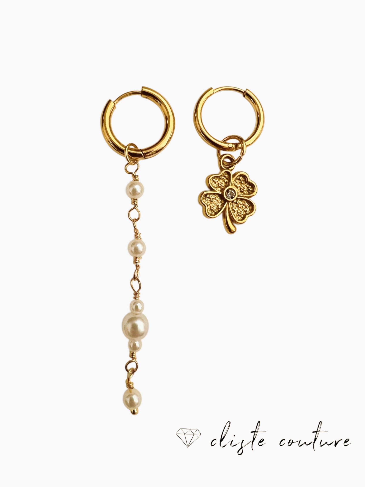 LONG PEARL CHAIN AND CLOVER EAR PARTY HOOPS