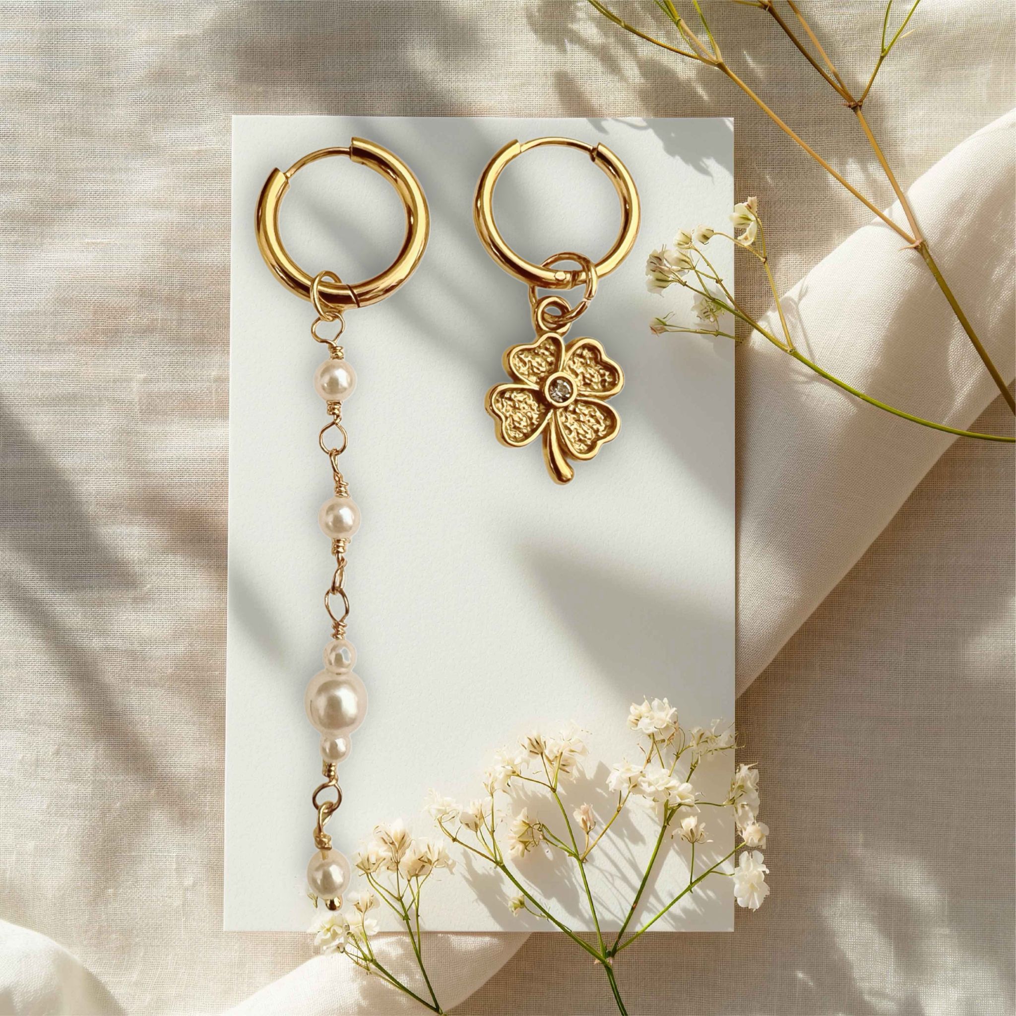 LONG PEARL CHAIN AND CLOVER EAR PARTY HOOPS