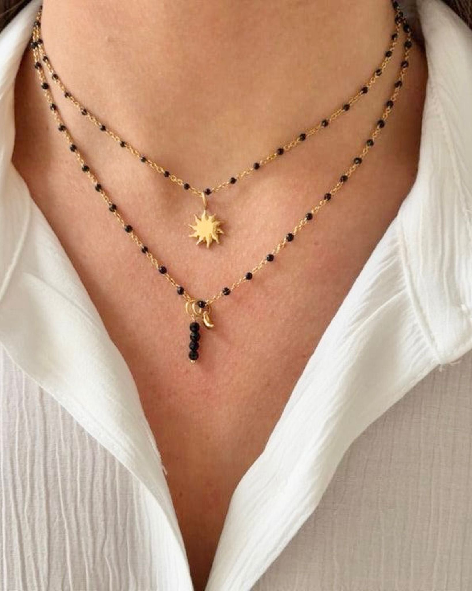 BLACK DOT MOON AND SUN DOUBLE CHAIN NECKLACE