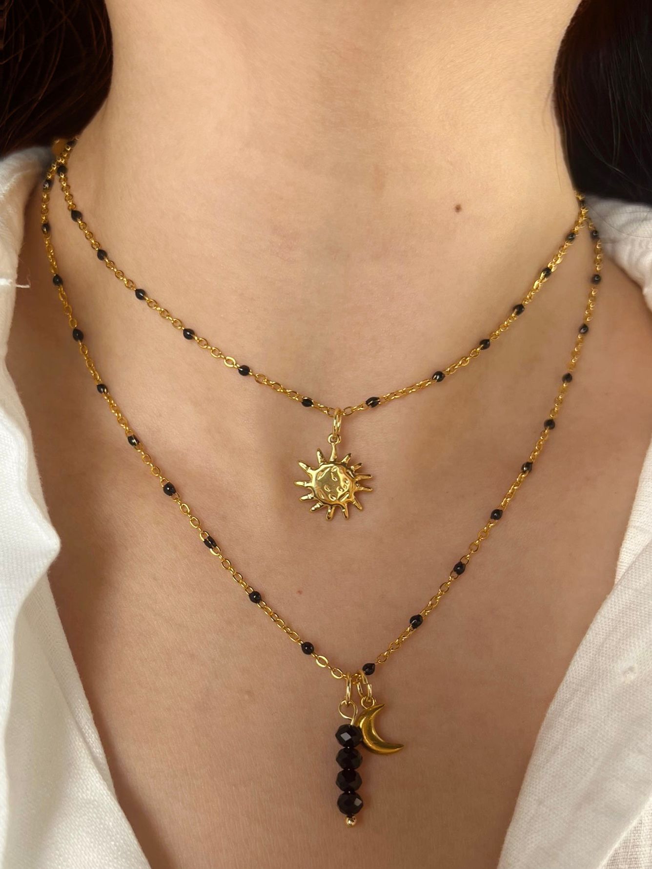 BLACK DOT MOON AND SUN DOUBLE CHAIN NECKLACE