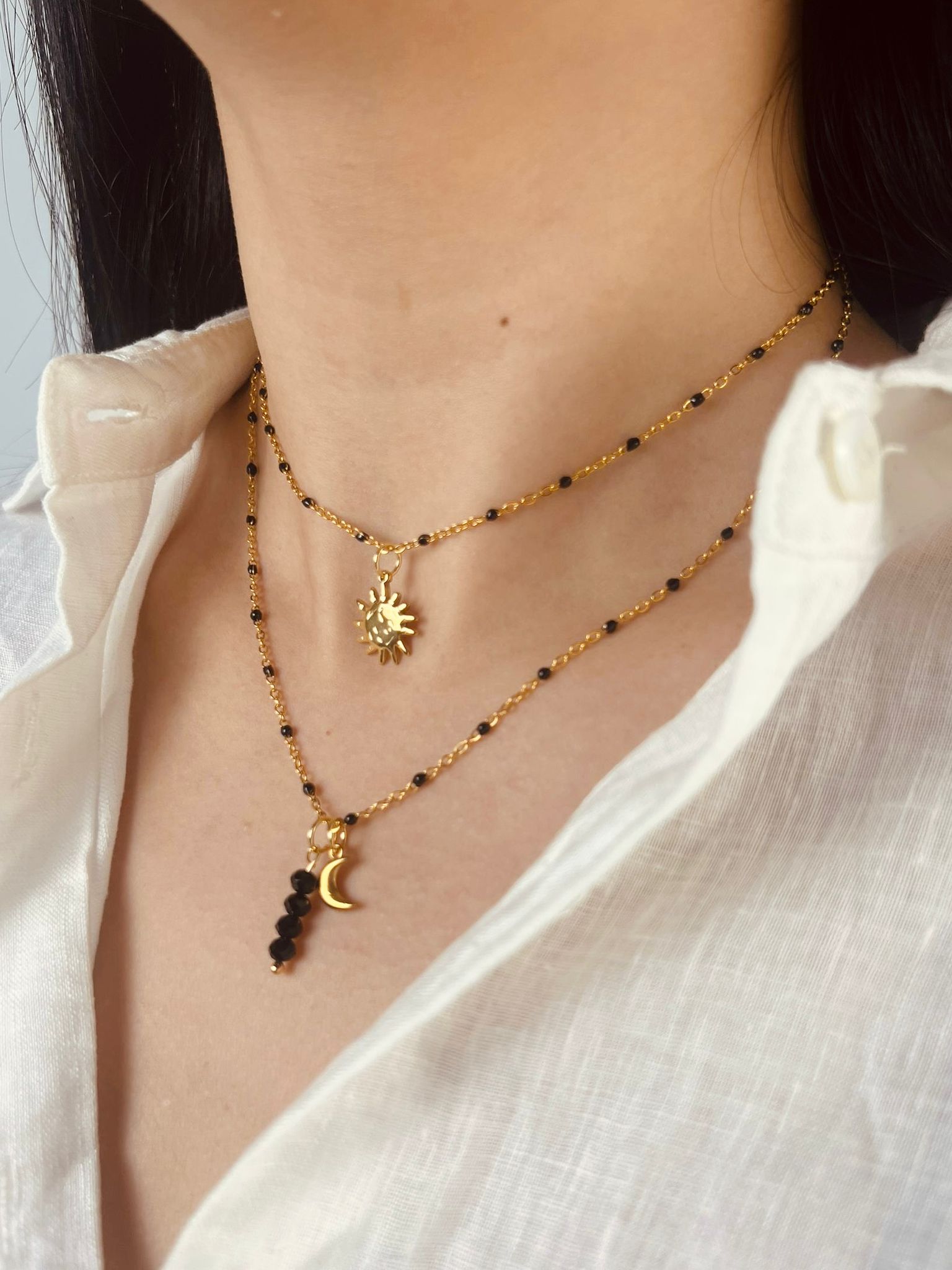 BLACK DOT MOON AND SUN DOUBLE CHAIN NECKLACE