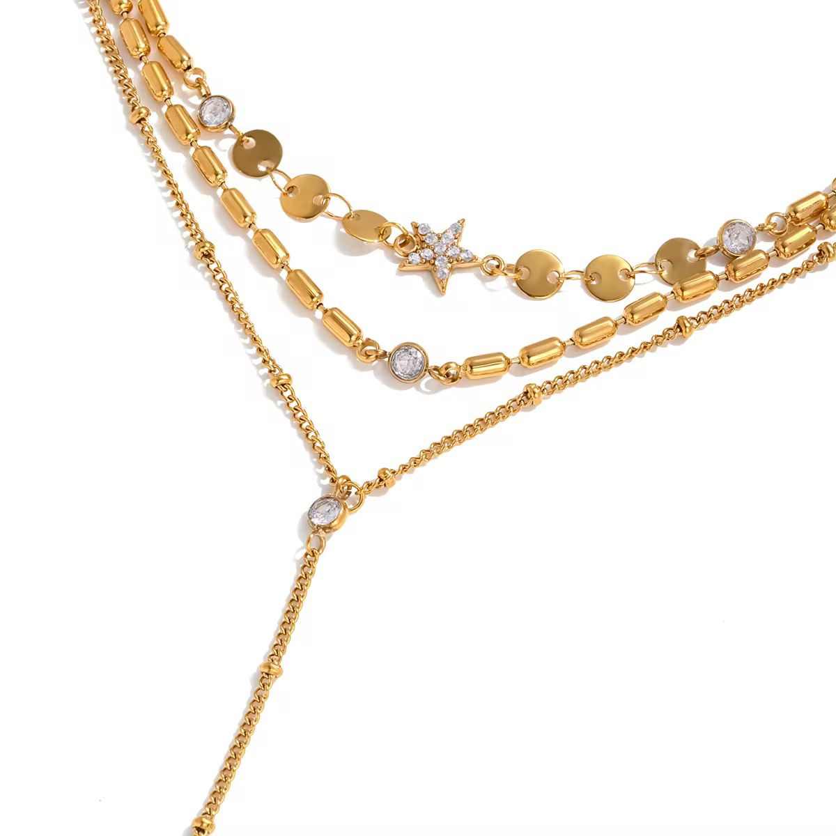 Gold necklace for her with star and round pendants