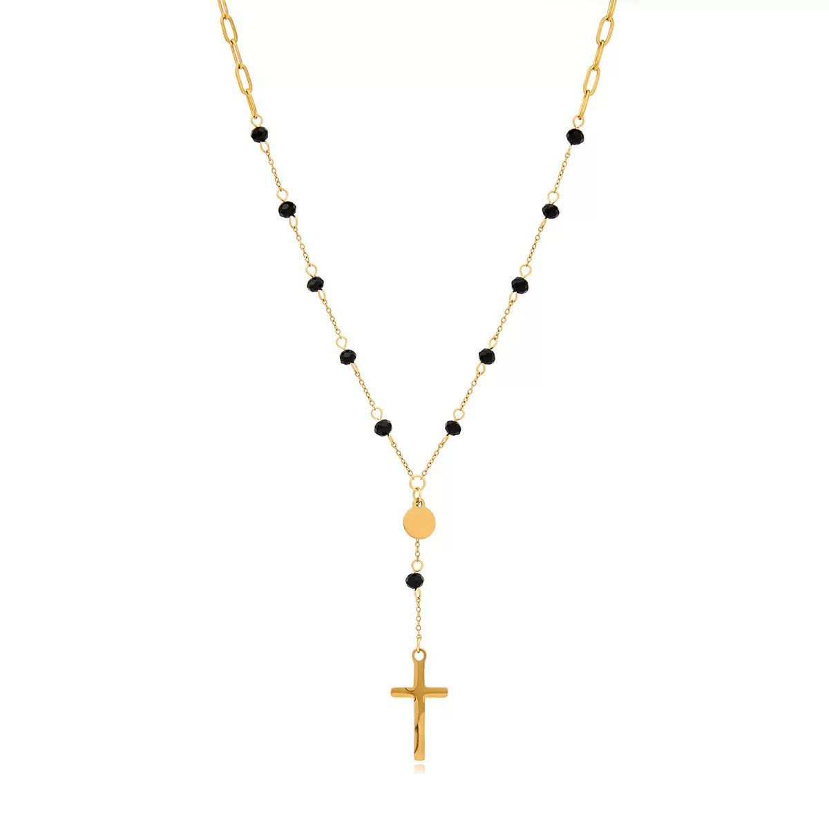 Gold necklace with black beads and a cross pendant for her