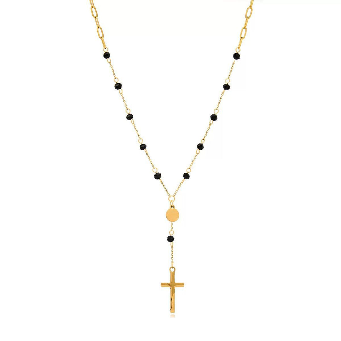 Gold necklace with black beads and a cross pendant for her