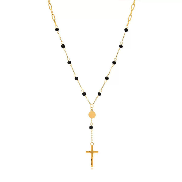 Gold necklace with black beads and a cross pendant for her