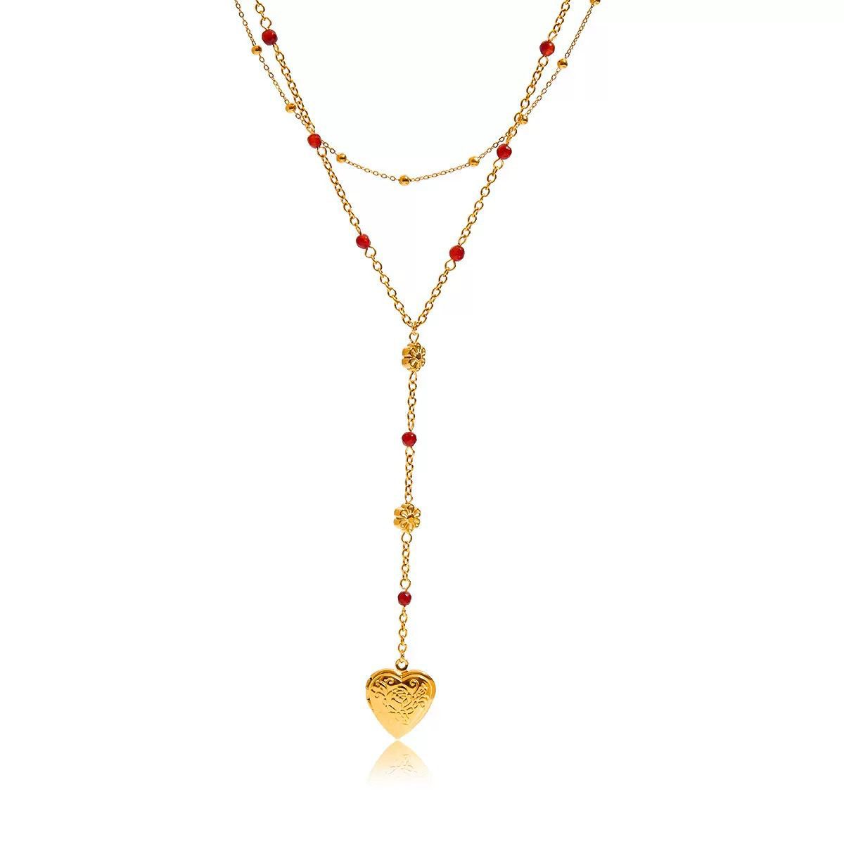 Gold necklace with heart pendant and red beads for her