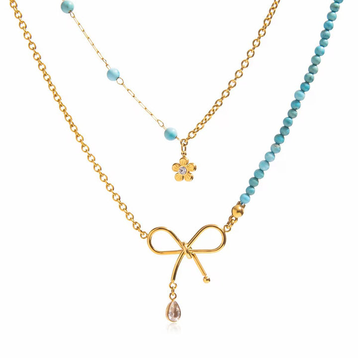 Gold bow and flower pendant necklace for her