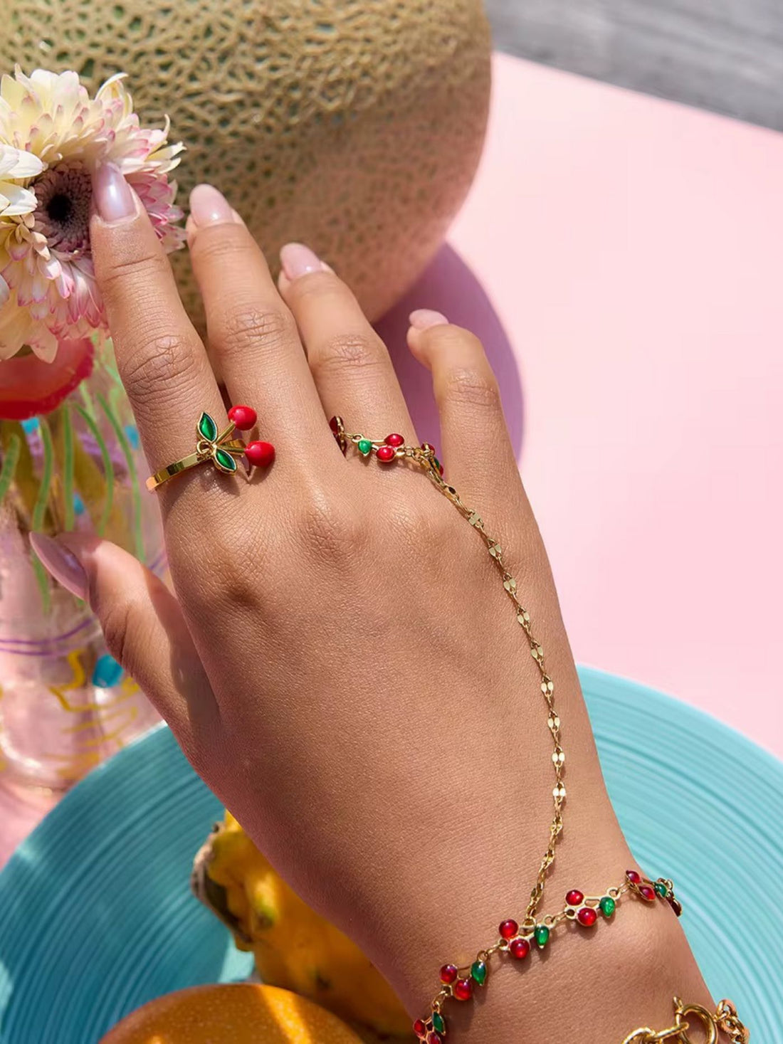 Gold designer cherry bracelet for her