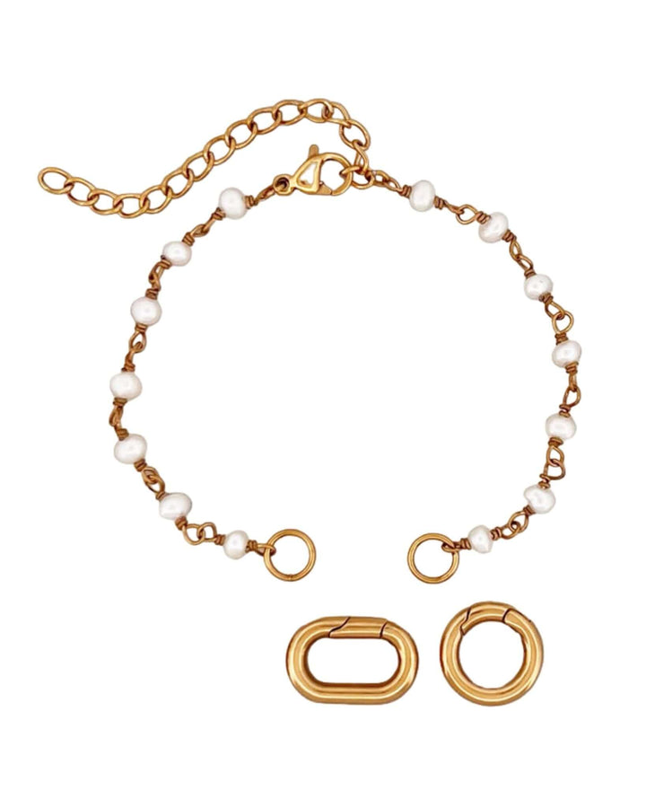 Gold bracelet with white beads and matching gold links for her