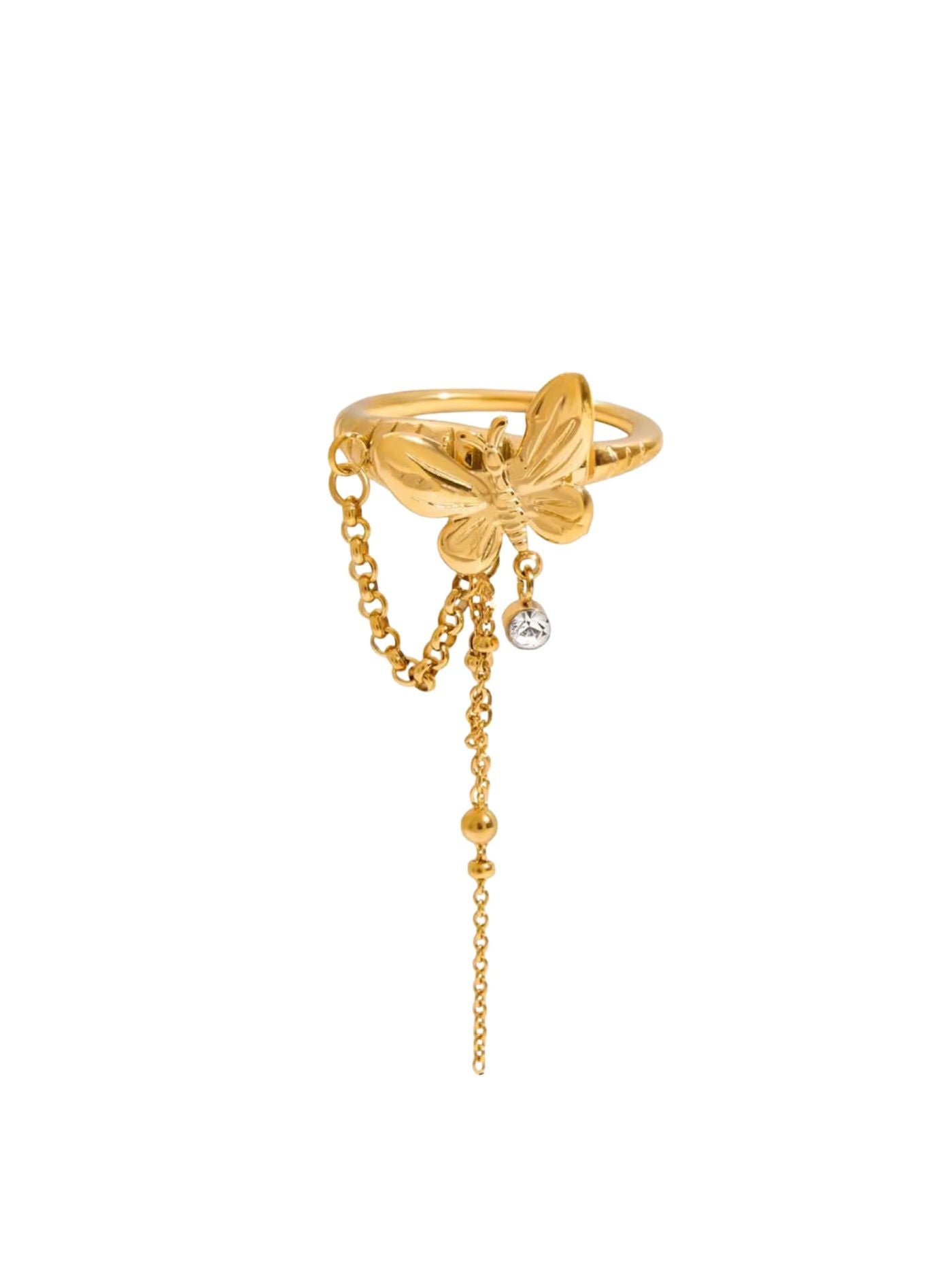 Gold butterfly ring with a chain for her