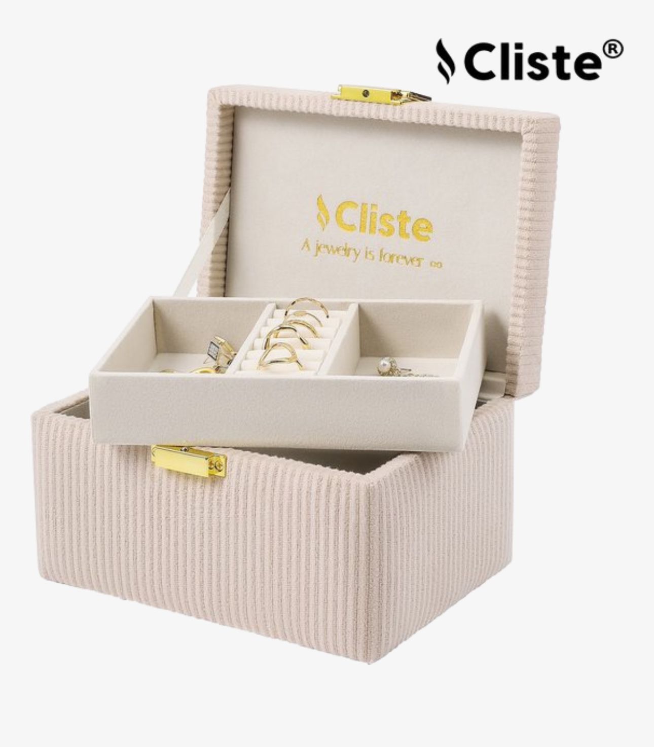 A beige velvet corduroy jewelry box with compartments for storing rings, earrings, necklaces, and bracelets, featuring a gold clasp and the 'Cliste' brand name on the inside lid.
