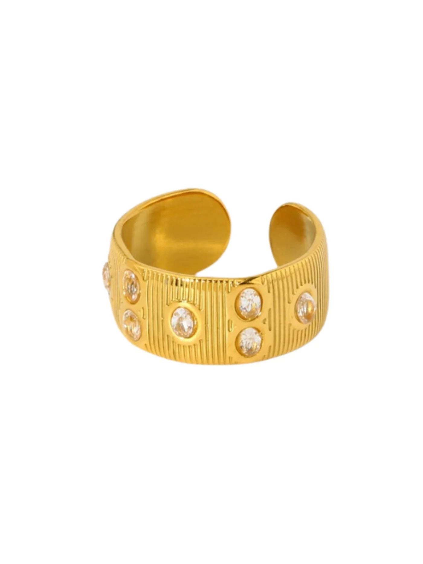 Gold bracelet with embedded crystals on a white background