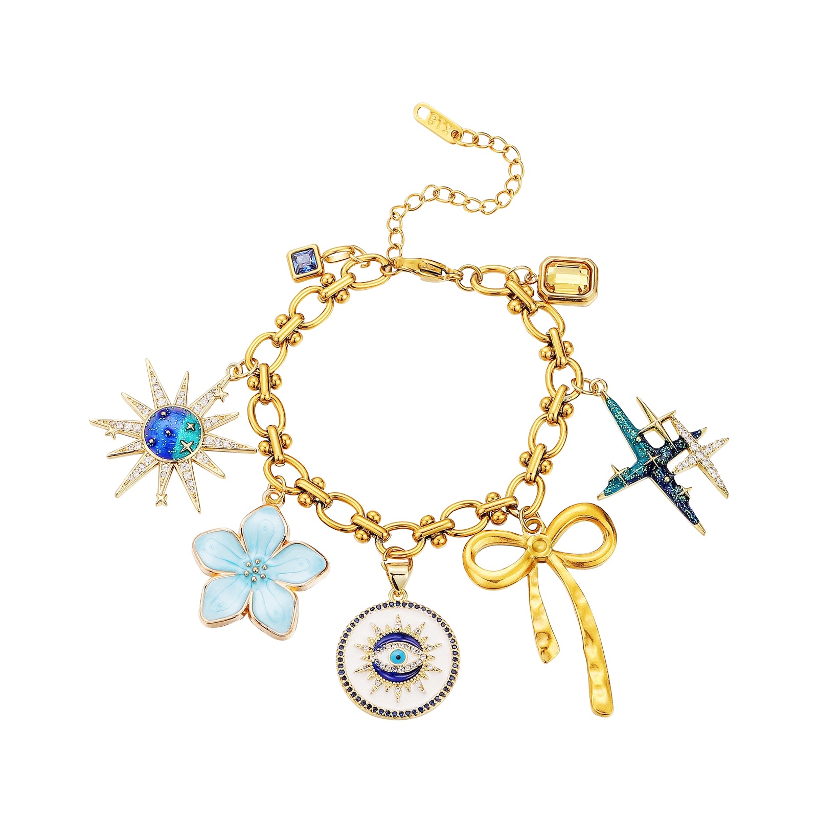 Gold bracelet with various charms including a flower, star, and bow on a white background