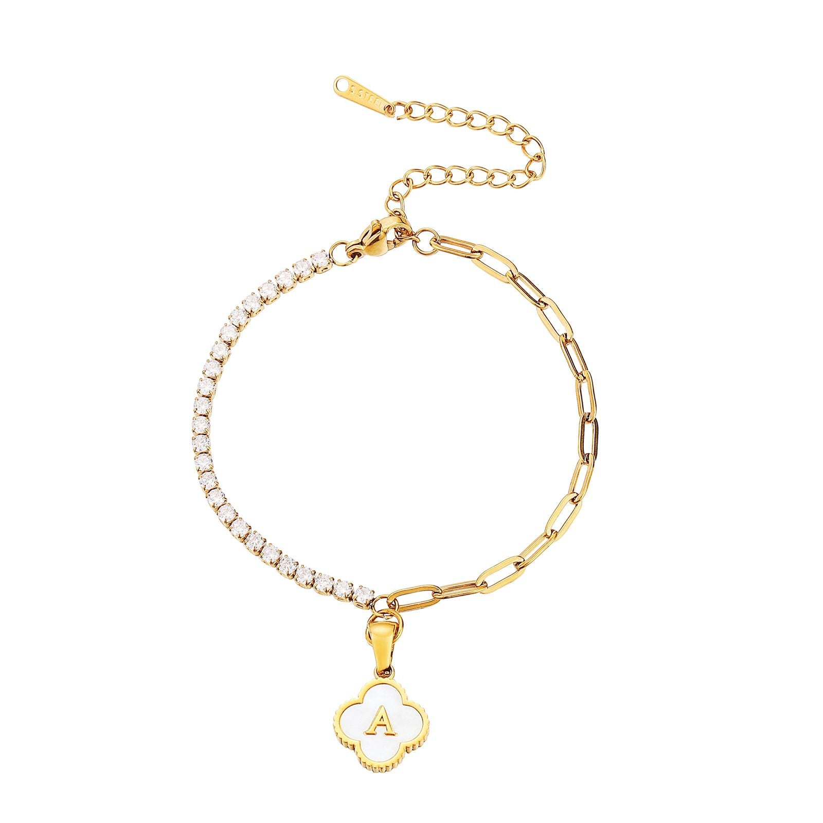 An 18k gold plated bracelet with zirconia beads and a letter charm, featuring a two-tone clasp.