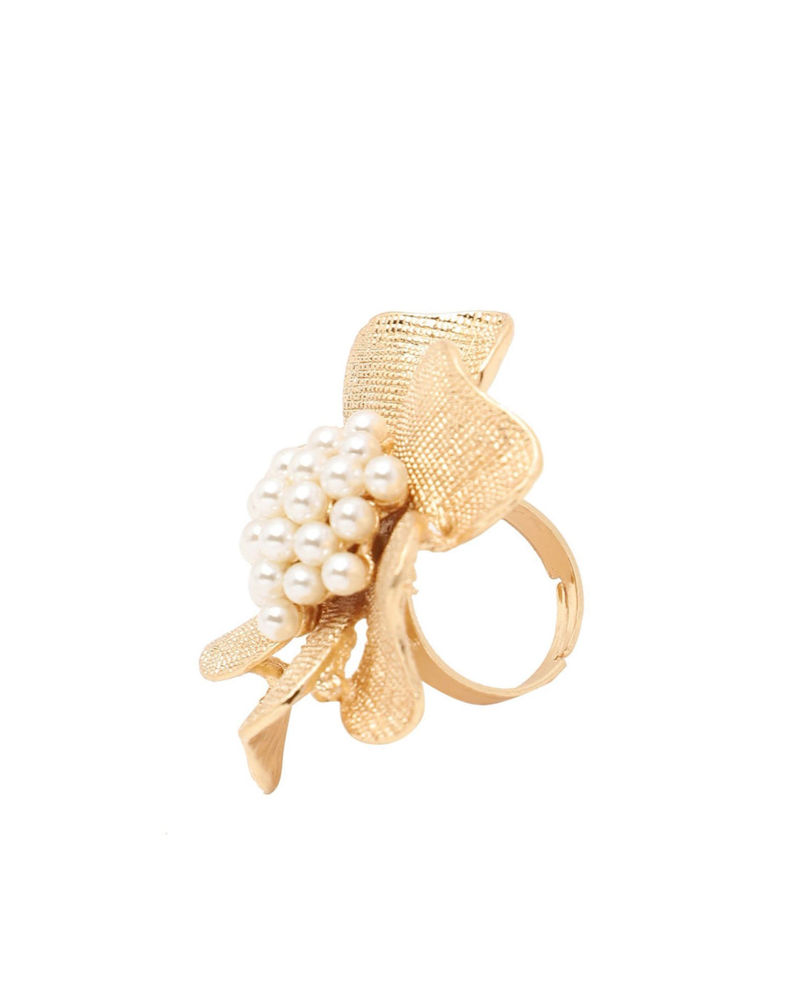 Gold emma pearl ring with pearl accents on a white background