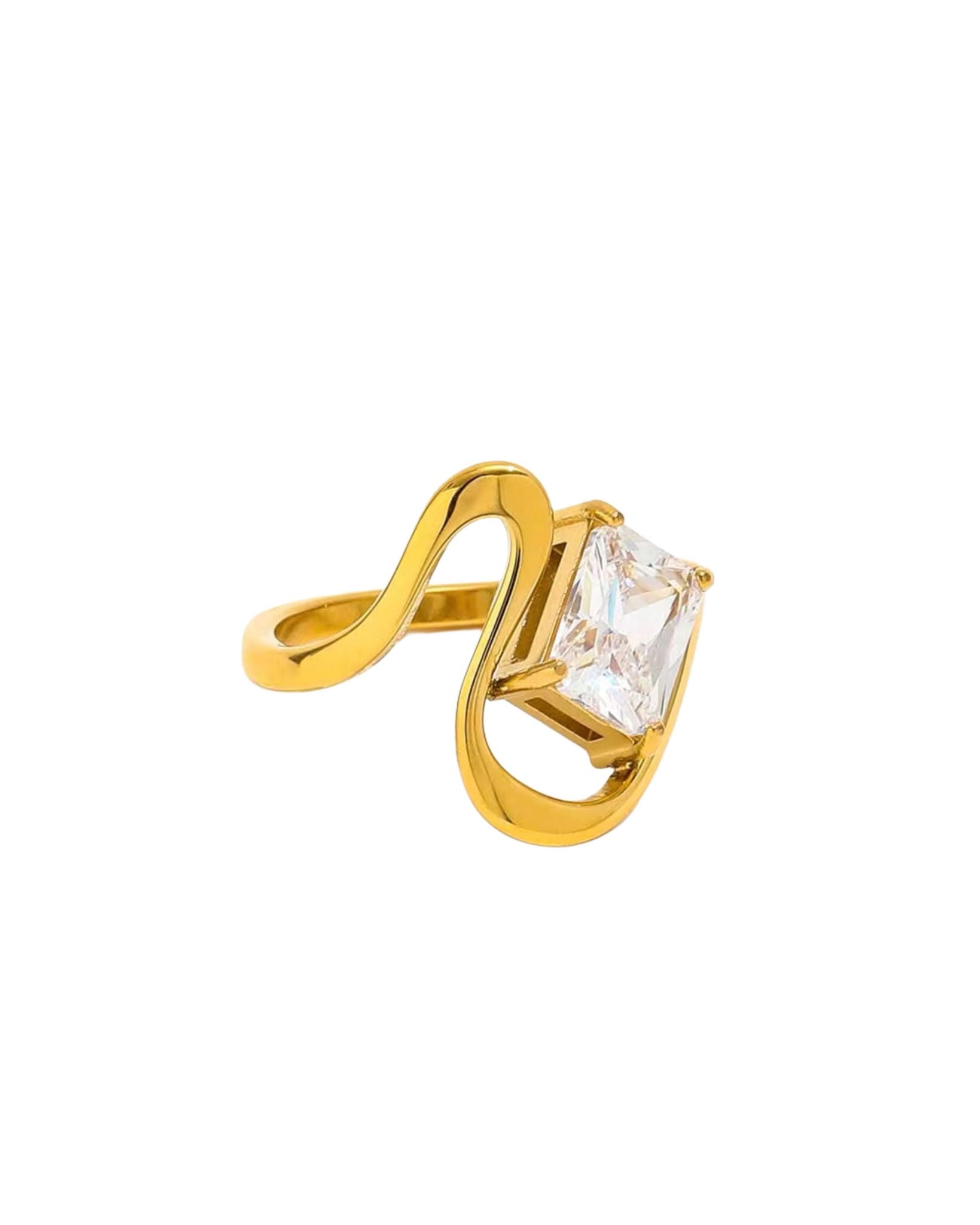 Gold neah ring with a large diamond on a white background