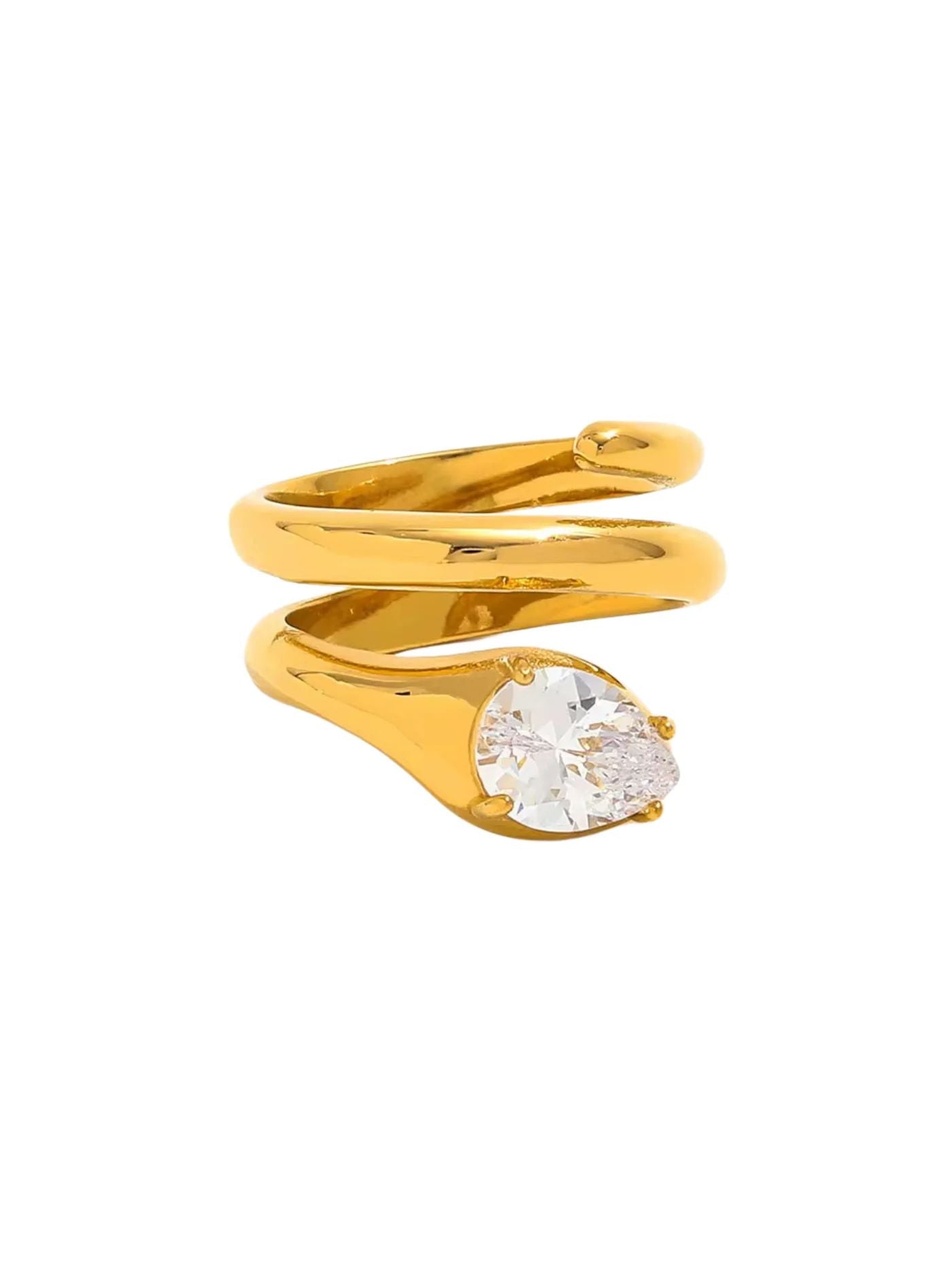 A gold-colored hybrid ring with a prominent central diamond-like crystal, crafted from 18K gold plated on stainless steel.