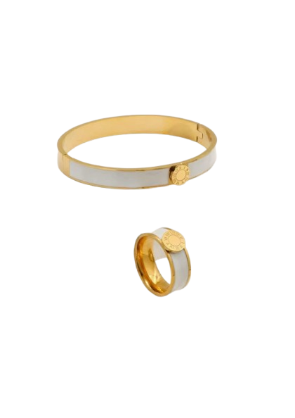 An 18k gold plated keelin bangle and ring set with a white and gold color scheme, displayed against a transparent background.