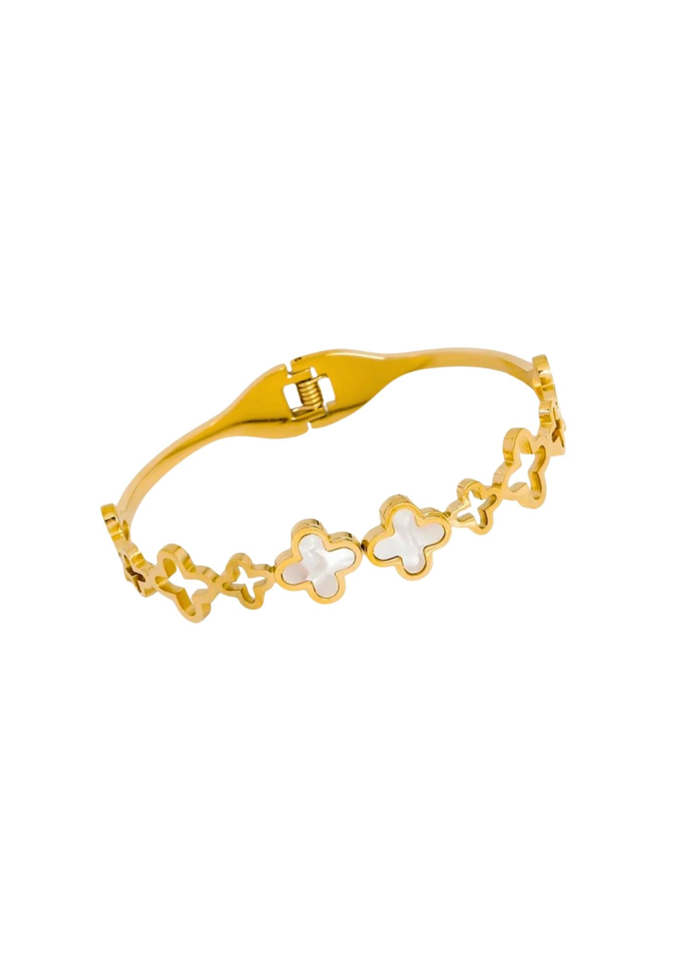 A gold-plated stainless steel lisa clover bangle with a magnetic closure and clover-shaped embellishments