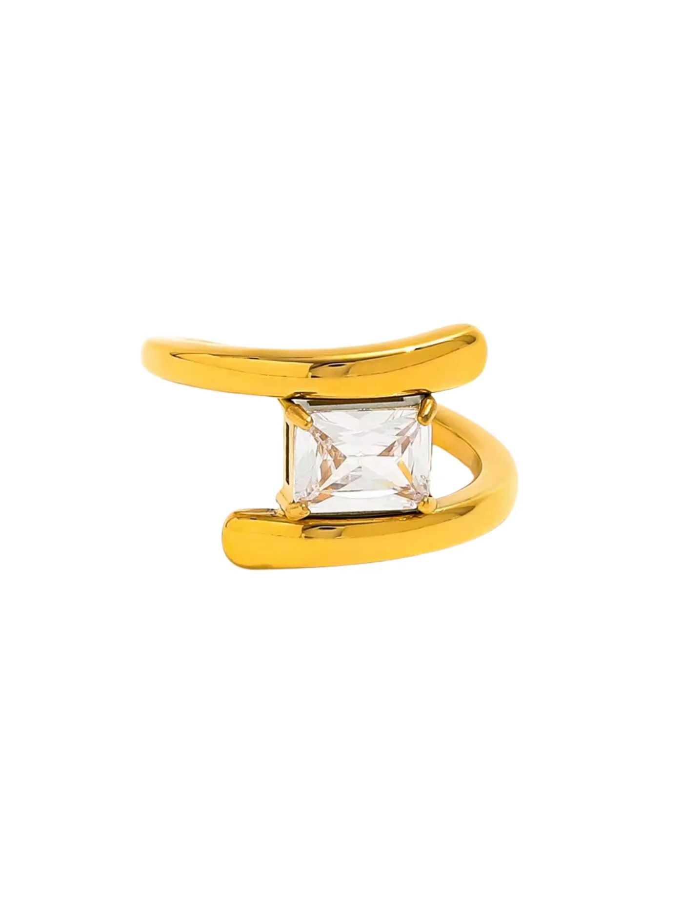 An 18K gold plated moonlight ring with a large square crystal in the center, featuring a unique design with two gold bands on either side.