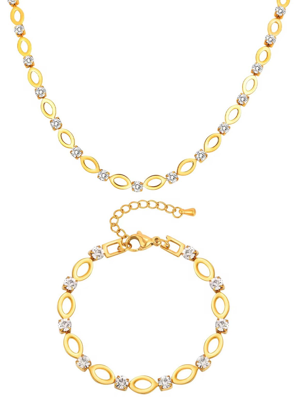 Gold necklace and bracelet set on a white background