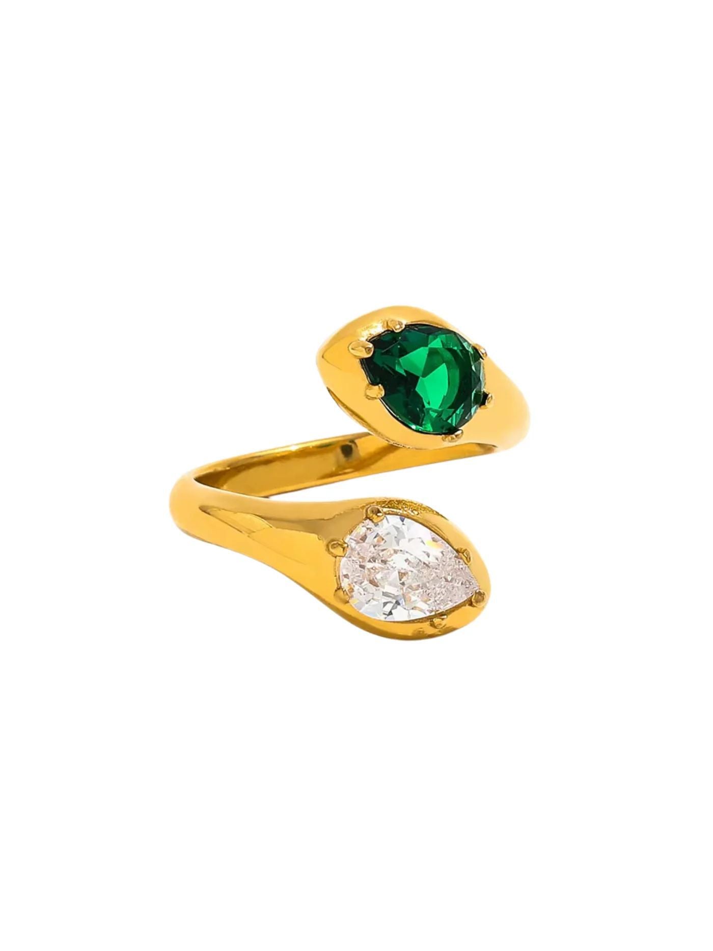 Gold patricia ring with green gemstone and diamond on a white background