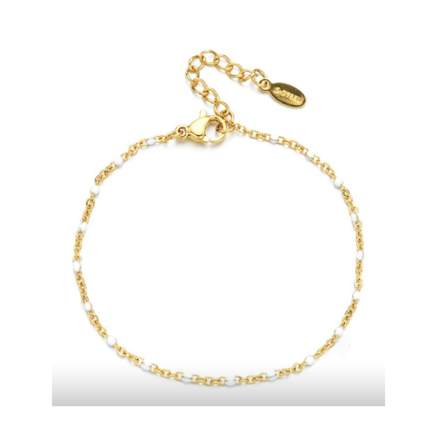 A gold-plated pearl dot bracelet with small pearl dots and a clasp, displayed against a white background.