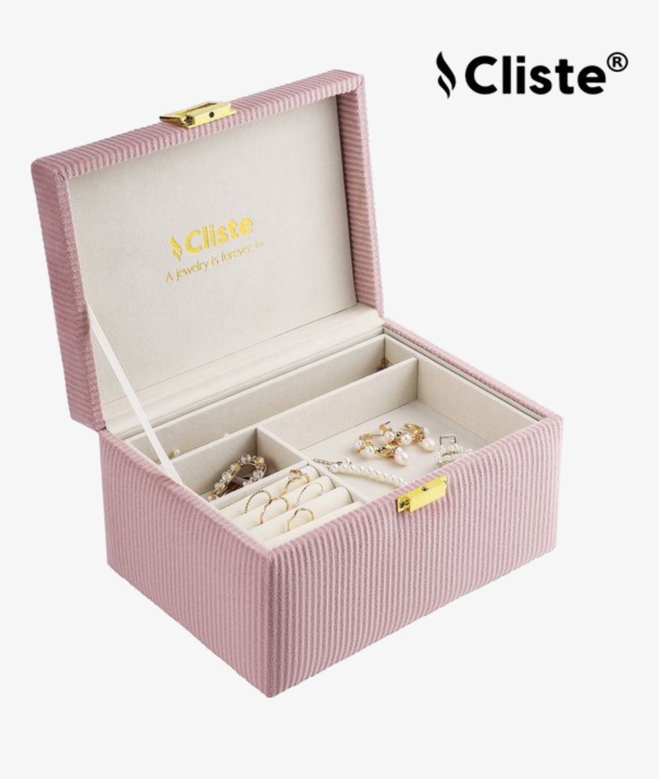 A pink velvet jewelry box with compartments for organizing rings, earrings, necklaces, and bracelets, featuring a gold clasp and the 'Cliste' brand name on the interior lid.