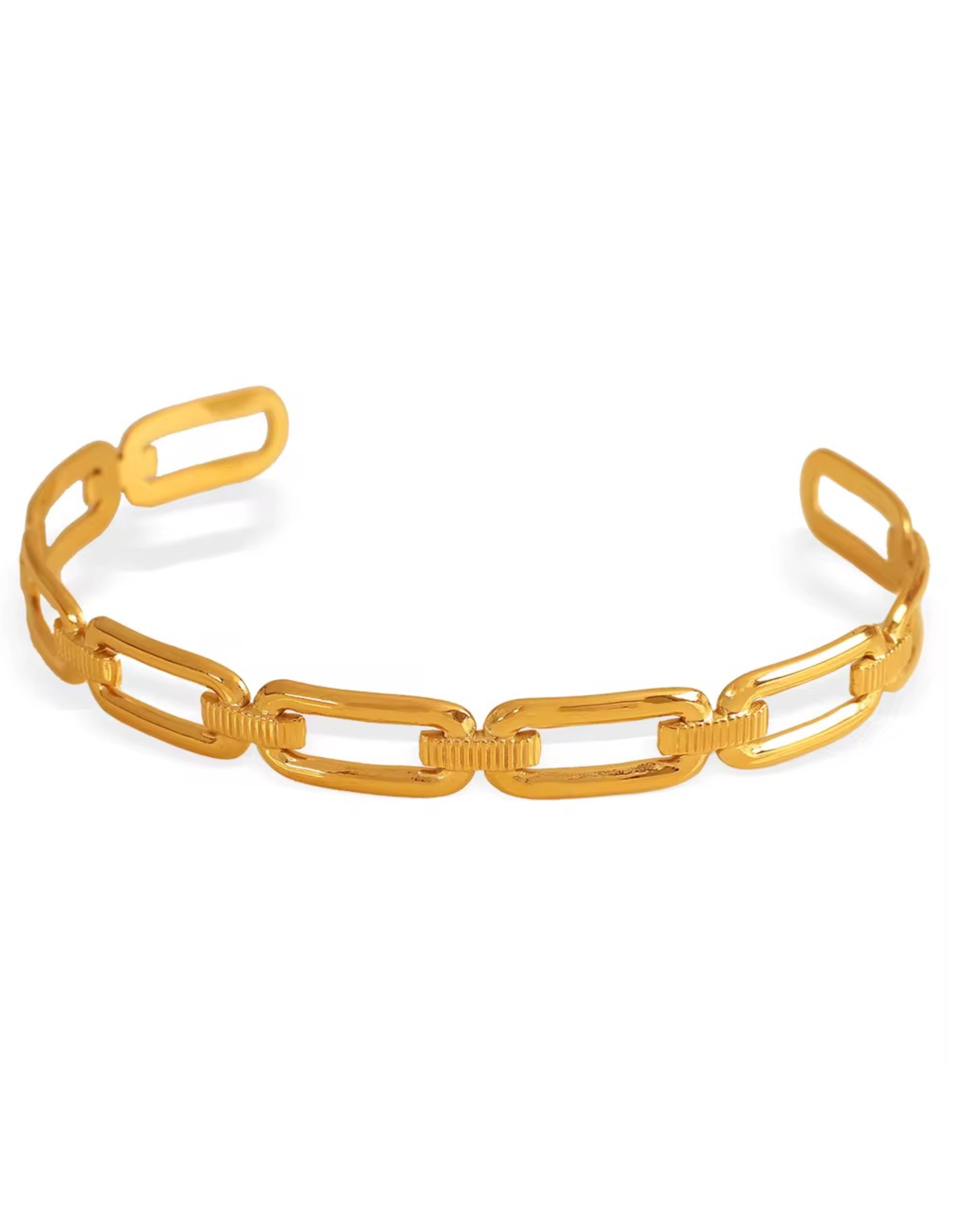 Gold chain rectangle cuff bracelet on a white background