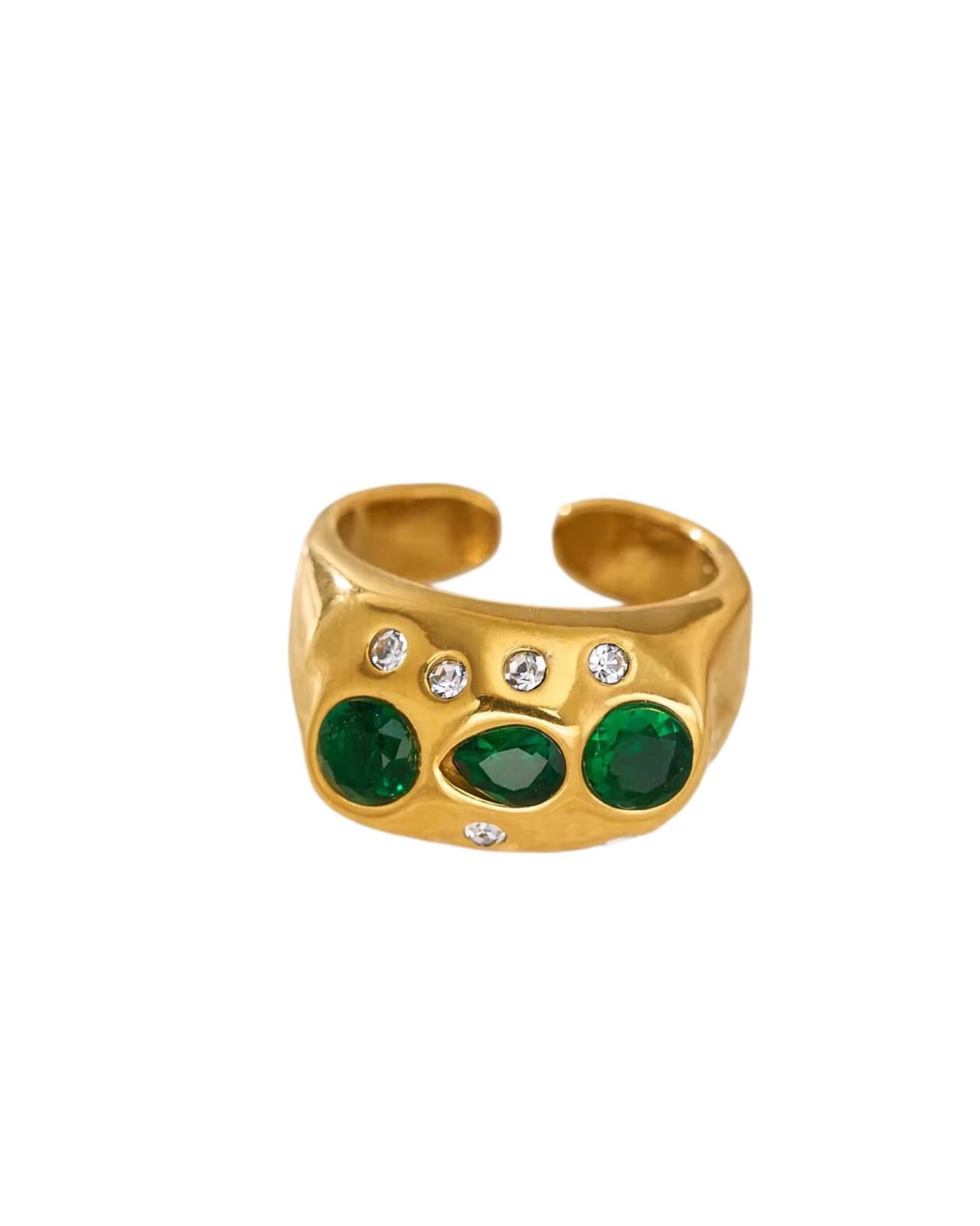 Gold scarlet ring with green gemstones and small diamonds on a white background