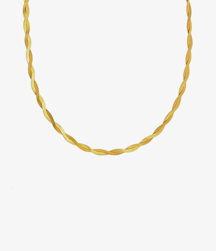 Gold necklace twisted snake chain set on a white background