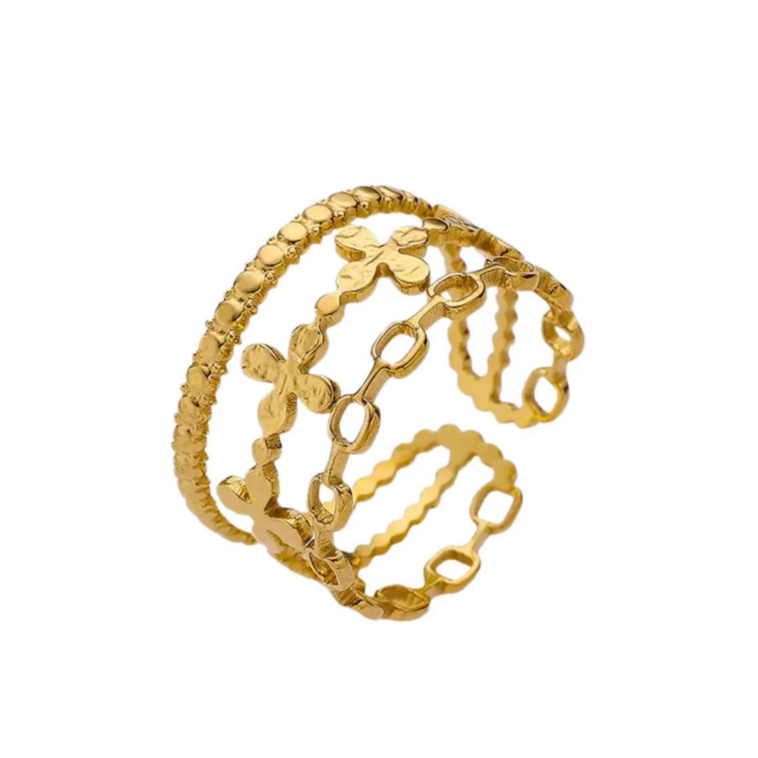 A gold-colored vintage clover ring with adjustable size, crafted from 18K gold plated on stainless steel, delivered in a custom jewellery bag.