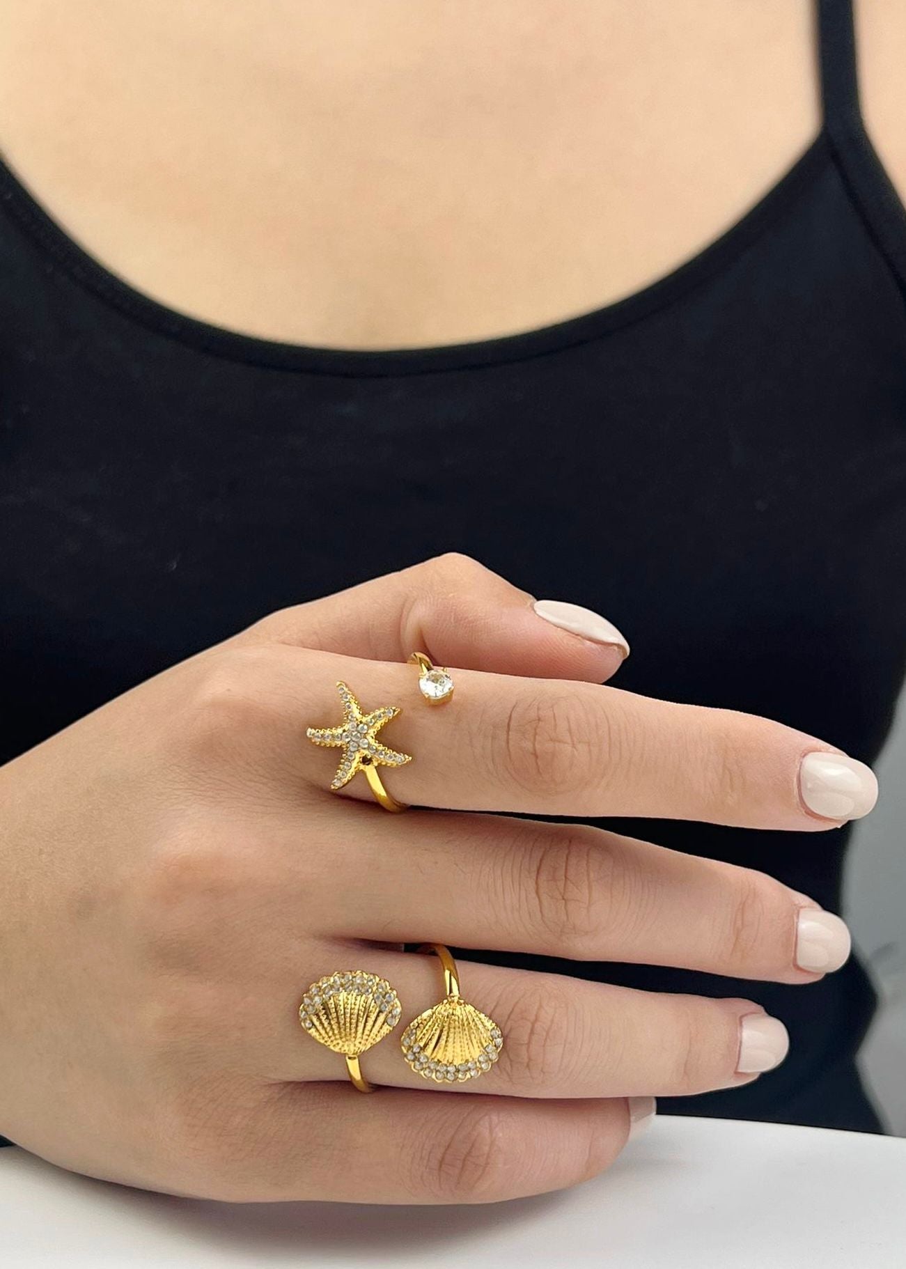 gold stainless steel zircon and starfish ring for her